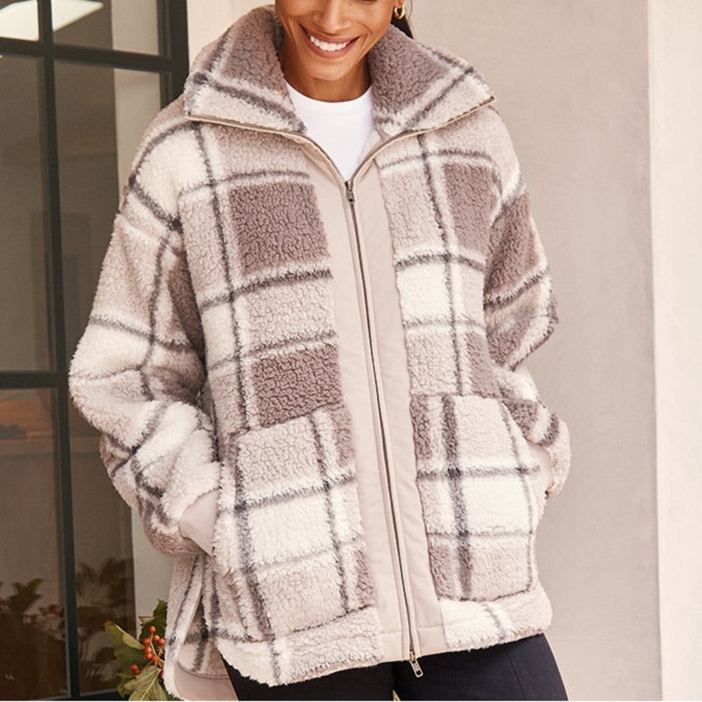 Z Supply Cross Country Plaid Jacket Lunar Grey Medium Sherpa Fleece Evereve